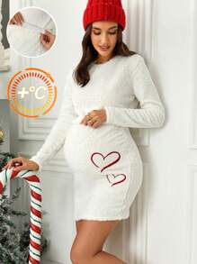 SHEIN 2 件套服装：女式长袖法兰绒上衣和可调节腰部紧身裙，孕妇装，适合冬季 - 白色 - 查看 1