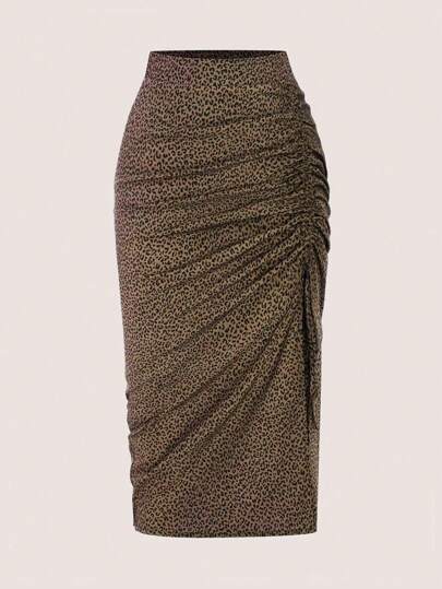 Sweetra 大码豹纹抽绳腰部褶饰高开叉下摆半身裙