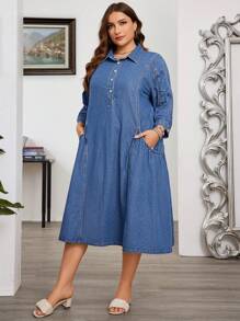 SHEIN CURVE+ Vestido de mezclilla para mujer de talla grande, con mangas fruncidas de moda, sin estiramiento
