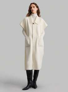 Ontre 1pc High Quality Double-Faced Blanket Coat, Beige, Wide Lapel, Belted Waist With Pockets, Elegant Christmas Style, Autumn/Winter - Apricot - View 3