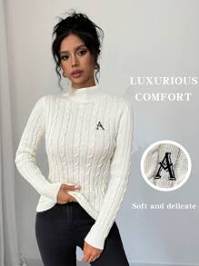 Calvaya Jersey de cuello redondo de unicolor con detalle de trenzado, top elegante con detalle de bordado, otoño/invierno