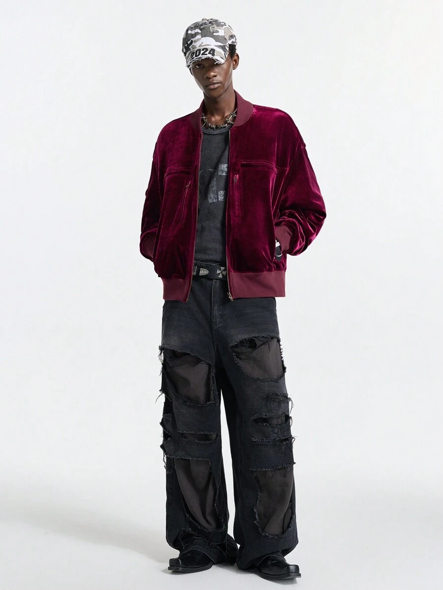 Manfinity VCAY Men's Red Velvet Zipper Casual Street Jacket, Long Sleeve For Autumn/Winter