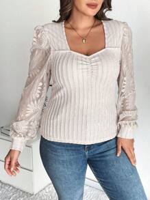 SHEIN Frenchy Women Plus Size Textural Material Contrast Mesh Design Long Sleeve T-Shirt - Apricot - View 2