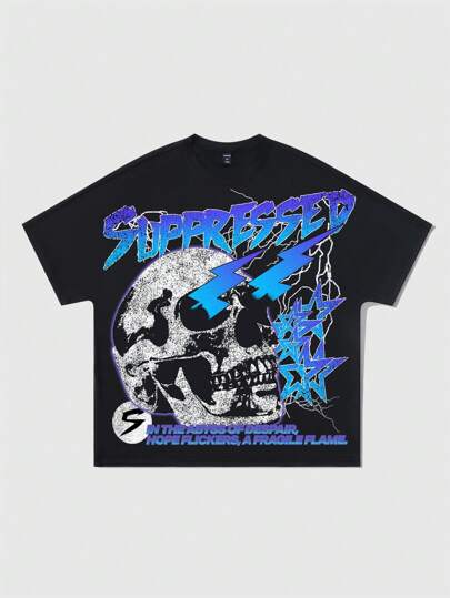 Street Life T-shirt à manches courtes ample pour hommes avec impression tête de mort et pentagramme, style vintage d'été tendance, école