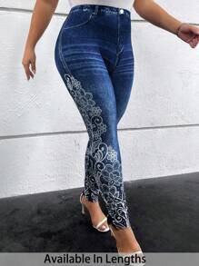 SHEIN PETITE CURVE 大码女式花卉印花牛仔效果紧身裤 - 藍色 - 查看 1