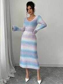 Elenzga 1 件女式修身 V 领渐变色针织毛衣裙（印花图案随机） - 彩色 - 查看 5