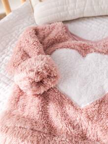 SHEIN 女婴 3 件套可爱简约爱心刺绣罗纹针织圆领长袖上衣和裤子睡衣套装带蝴蝶结头带，柔软舒适双面羊毛，适合秋冬季的衣服 - 淺粉色 - 查看 3