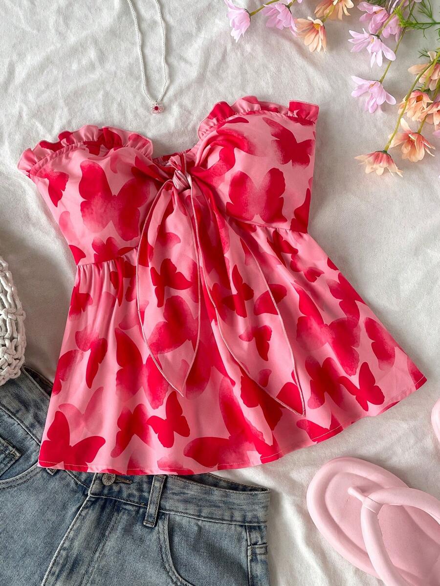 Soleia Damski wakacyjny romantyczny motyl nadruk twist węzeł królik uszy ozdoba bandeau top, linia A, na imprezę, Boże Narodzenie, jesień/zima