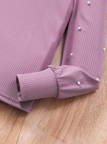 Sparklyn Tween Girl 纯黑色珍珠串珠泡泡袖休闲 T 恤 - 紫色 - 查看 5