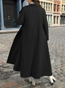 SHEIN Privé Plus Size Women Casual Solid Color Lapel Double-Breasted Mid-Length Coat, Autumn/Winter