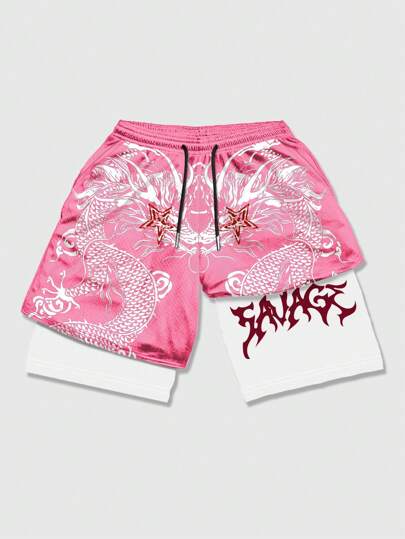 Street Life Pantaloncini sportivi da basket in 2 in 1 con stampa a drago, traspiranti, adatti per l'uso quotidiano in primavera e estate, per la scuola