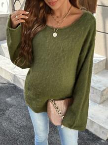 SHEIN Maternity Plain Round Neck Long Sleeve Simple Knit Sweater, Casual Daily Wear, For Winter - Army Green - View 4