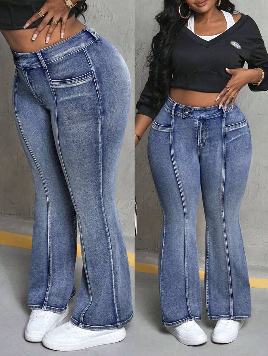 Slaydiva 大码性感弹力喇叭牛仔裤，蓝色 - 中等水洗藍 - 查看 1