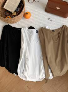 SHEIN EZwear Plus Size Women 3-Piece Casual V-Neck Long Sleeve T-Shirt Set, Multi-Colors