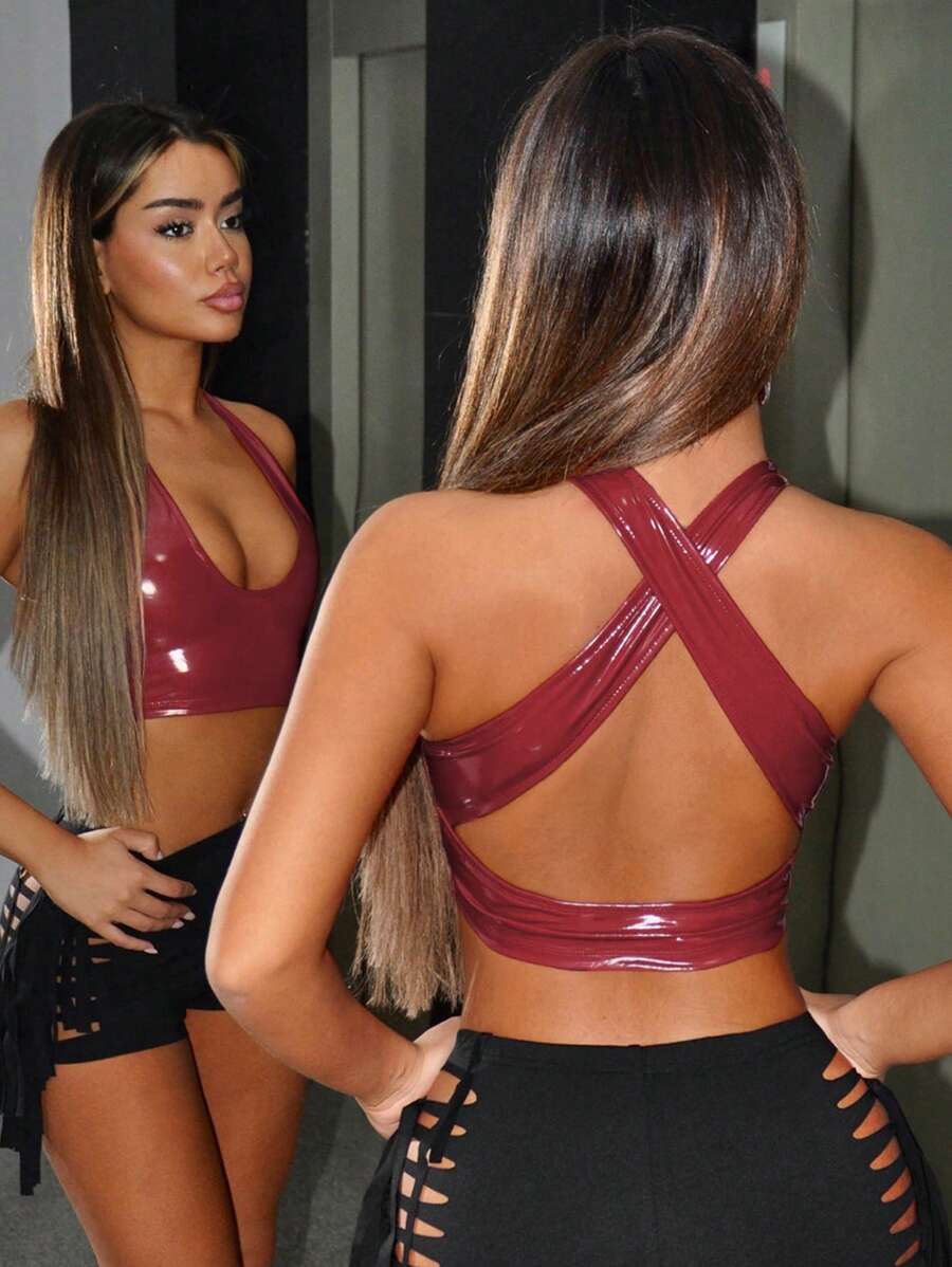 SHEIN ICON Áo crop top hở lưng cổ yếm bằng da PU gợi cảm mùa hè cho nữ Y2K Country Concert Rave Festival Red Cross Back - Màu Đỏ Sâu - Xem 1