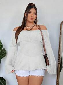 Flirla 大码露肩休闲长袖毛衣上衣