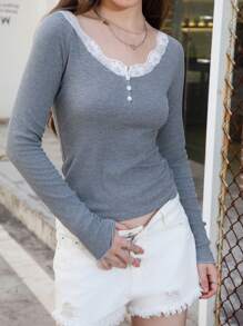 INAWLY Áo thun nữ tay dài cài nút phía trước màu trơn đơn giản - Xám - Xem 6