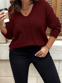 SHEIN LUNE Plus Size Women Solid Color V-Neck Drop Shoulder Long Sleeve Casual Pullover Sweater, Autumn/Winter Knit Pullover Fall - Burgundy - View 1