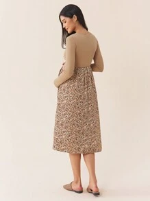 SHEIN 孕妇纯色花卉印花拼接哺乳长袖连衣裙，秋季