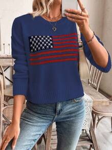 SHEIN LUNE American Flag Pattern Crew Neck Casual Pullover Sweater Knit Pullover Fall Winter - Navy Blue - View 5