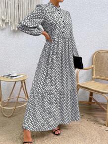SHEIN LUNE 休闲春夏满版印花灯笼袖长裙女装秋季女装 - 白色 - 查看 5