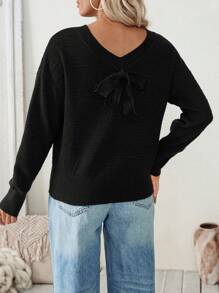 Calvaya Women Casual Everyday Bowknot Embellished Drop Shoulder Sweater, Autumn/Winter