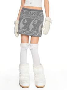 ROMWE Kawaii Cute Penguin Heart & Bow Decor Knit Sweater Mini Skirt