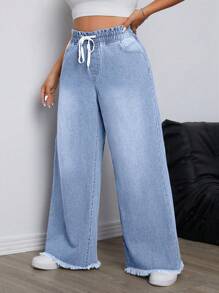 SHEIN ICON Plus Size Solid Color Drawstring Pocket Casual Versatile Boyfriend Jeans - Light Wash - View 5