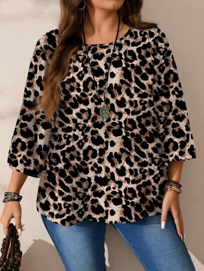 EMERY ROSE Casual Plus Size Women Leopard Print Loose Fit Round Neck 3/4 Sleeve Shirt,  Chic Blouses For Women,