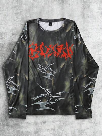 Manfinity LEGND 男士休闲字母印花圆领宽松长袖 T 恤，秋季