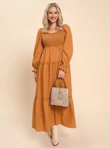 SHEIN LUNE Plus Size Women Fall Long Sleeve Textured Square Neck Shirred Bust A-Line Ruffle Hem Flattering Dress Plus Size Fall Clothes Dresses For Women