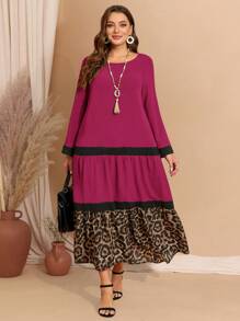 EMERY ROSE Plus Size Women Leopard Print Round Neck Color Block Trim Long Sleeve Dress,Winter Clothes For Women - Burgundy - View 5