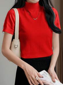 SHEIN LUNE 女士纯色高领短袖休闲上衣，简约新年服装 - 紅色 - 查看 3