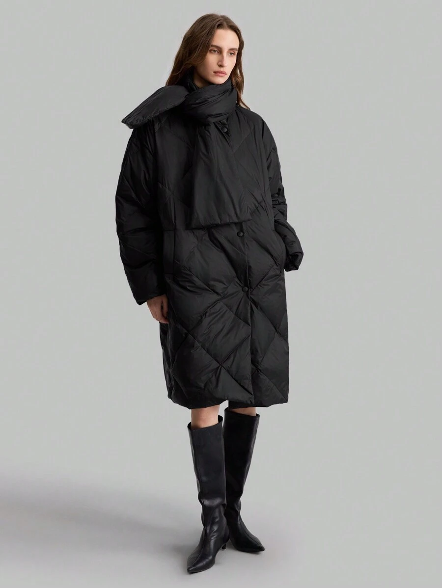 Ontre 女士黑色中长款羽绒服，可拆卸围巾，休闲商务风格，绗缝图案，冬季