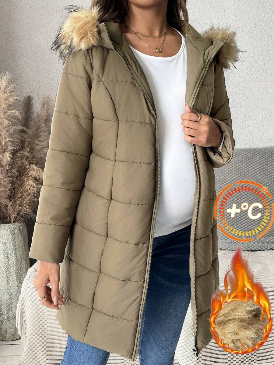 SHEIN 1 件孕妇女士长袖毛绒衬里外套，冬季外套 - 軍綠色 - 查看 1