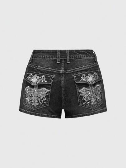 Grunge Punk Y2K Style Cross Embroidered & Rhinestone Decor Extremely Low Rise Mini Denim Shorts For Women