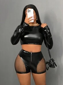 Slaydiva Quần short da PU lưới tương phản gợi cảm thời trang cho nữ, mùa hè - màu đen - Xem 5