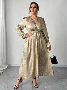 SHEIN Unity Gaun Lengan Panjang Elegan Model Lilitan Leher V Polos Ukuran Plus - Emas - View 6