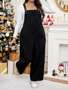 SHEIN LUNE Winter Women Dress Casual Everyday Wear Plus Size Women Long Sleeve Women Jumpsuit Black Pocket Shoulder Strap Button Design Adjustable Casual Suspender Jumpsuit Holiday Outfit