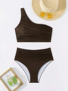 Swim Chiccia 2 chiếc/Bộ đồ bơi bikini đơn giản không tay lệch vai màu trơn cho nữ mùa hè - Cà phê nâu - Xem 5
