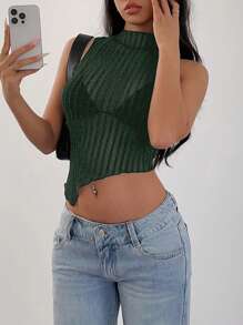 SHEIN SXY 休闲迷人性感闪光条纹网眼透明不对称下摆小立领背心，适合派对、聚会、夜总会 - 墨綠色 - 查看 5