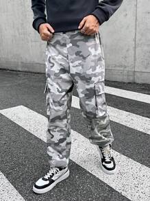 SHEIN 青少年男孩休閒迷彩風格灰口袋條紋束口長褲 - 彩色 - 查看 4