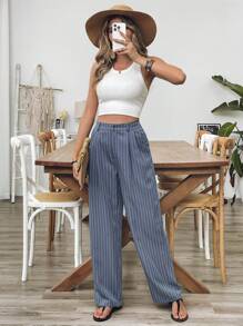 SHEIN VCAY Women Striped Pleated Pocket Straight Loose Casual Pants - Dark Grey - View 5