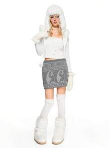 ROMWE Kawaii Cute Penguin Heart & Bow Decor Knit Sweater Mini Skirt