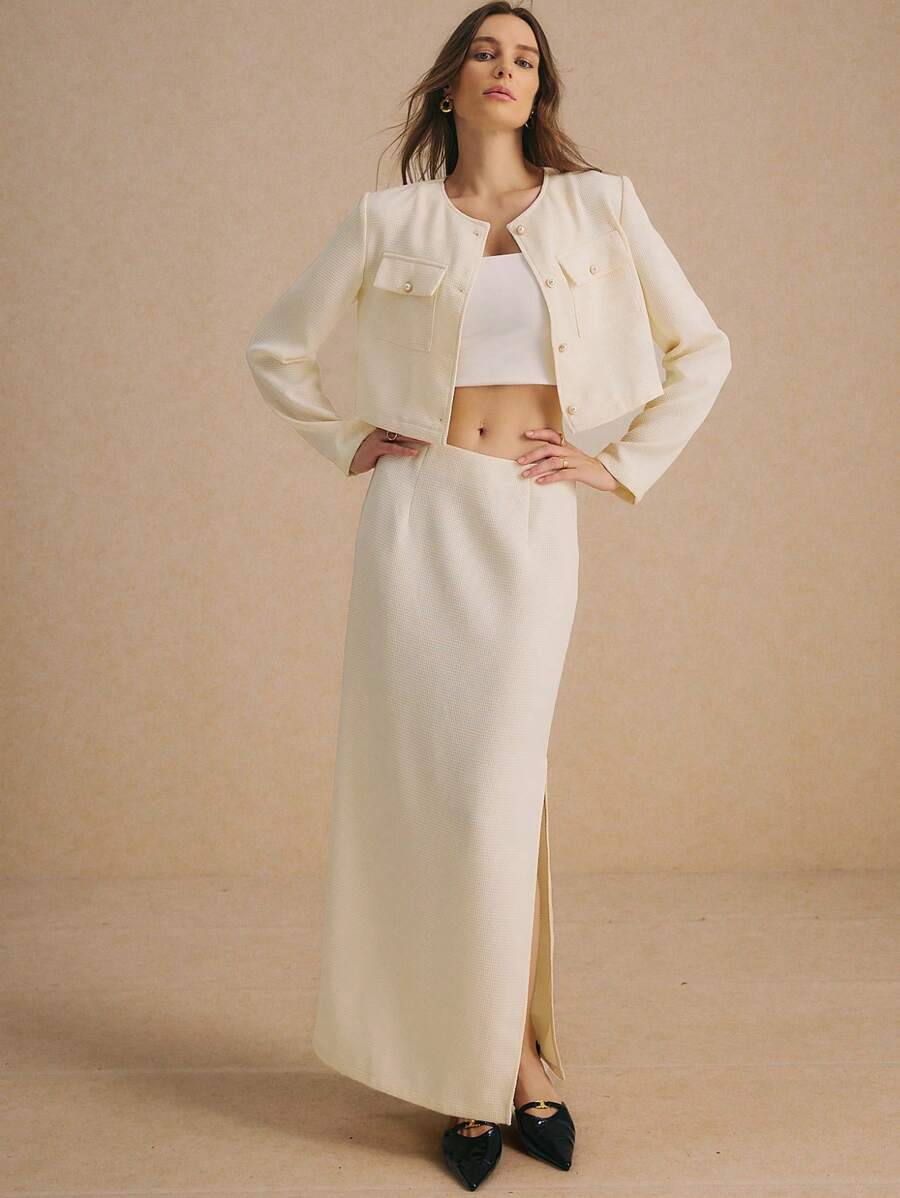 Poéselle Women's Pearl Button Jacket & Slit Long Skirt Elegant Suit Set