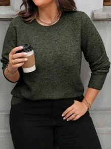Nubod Plus Size Solid Color Round Neck Casual Sweater, Autumn/Winter Knit Pullover Fall - Olive Green - View 6