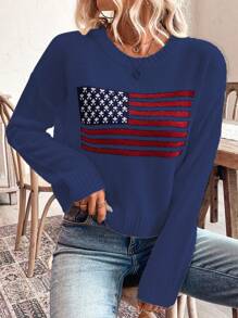 SHEIN LUNE American Flag Pattern Crew Neck Casual Pullover Sweater Knit Pullover Fall Winter - Navy Blue - View 4