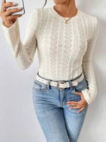 Chiquease Women Elegant Fluffy Lace Material Crew Neck T-Shirt, Autumn/Winter