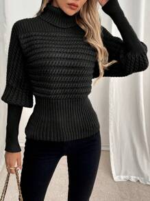 EMERY ROSE Suéter holgado de punto con cuello alto, estilo cable, estilizador, para otoño e invierno - Negro - Ver 1