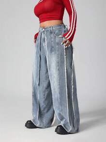 SHEIN ICON Casual Light Blue Washed Wide Leg Women Denim Pants - Medium Wash - View 4